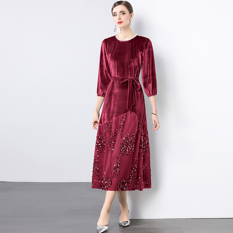 法式复古亮片拼接金丝绒连衣裙2025春秋新款圆领七分袖气质打底裙