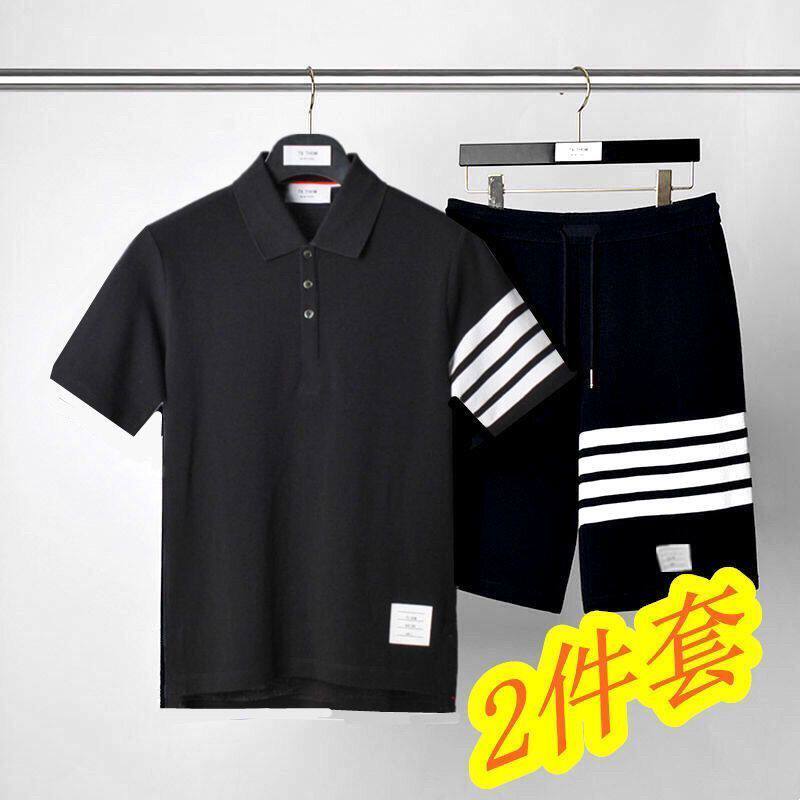 夏季纯棉四条杠男士短袖运动套装