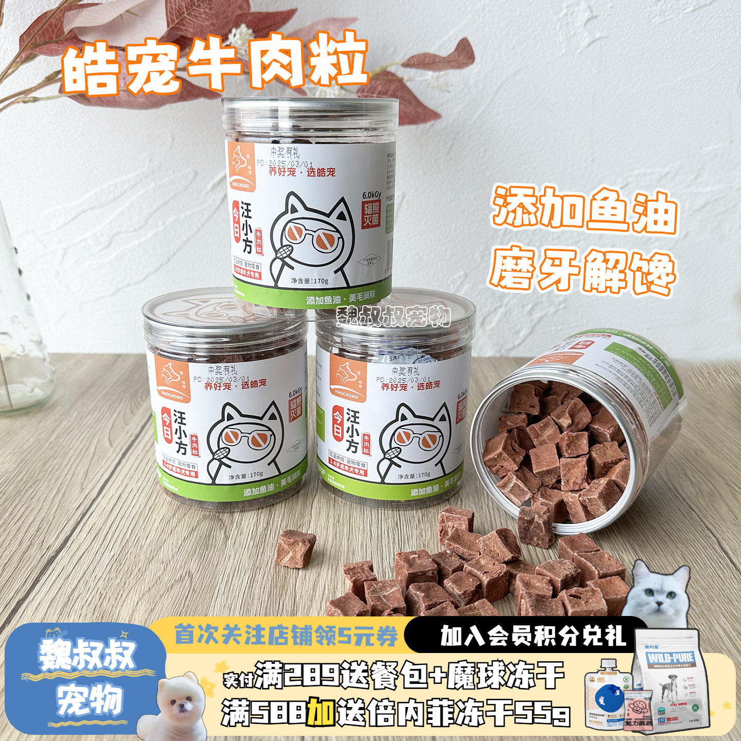 皓宠牛肉粒汪小方低温烘焙犬用狗零食磨牙洁齿170g奖励训练牛肉干