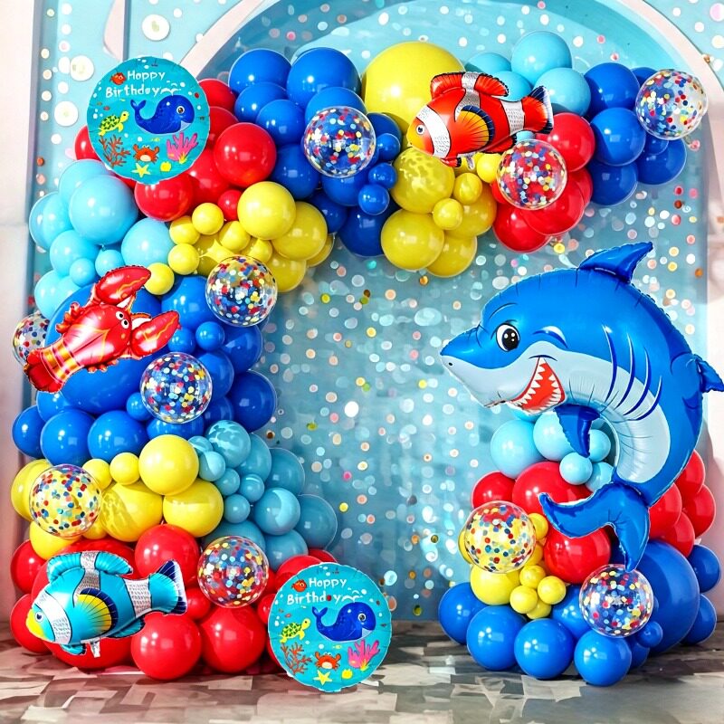 鲨鱼生日派对铝膜拱门气球