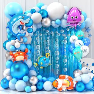 海洋鲨鱼主题生日装饰铝膜气球套装儿童宝宝卡通派对场景家用布置