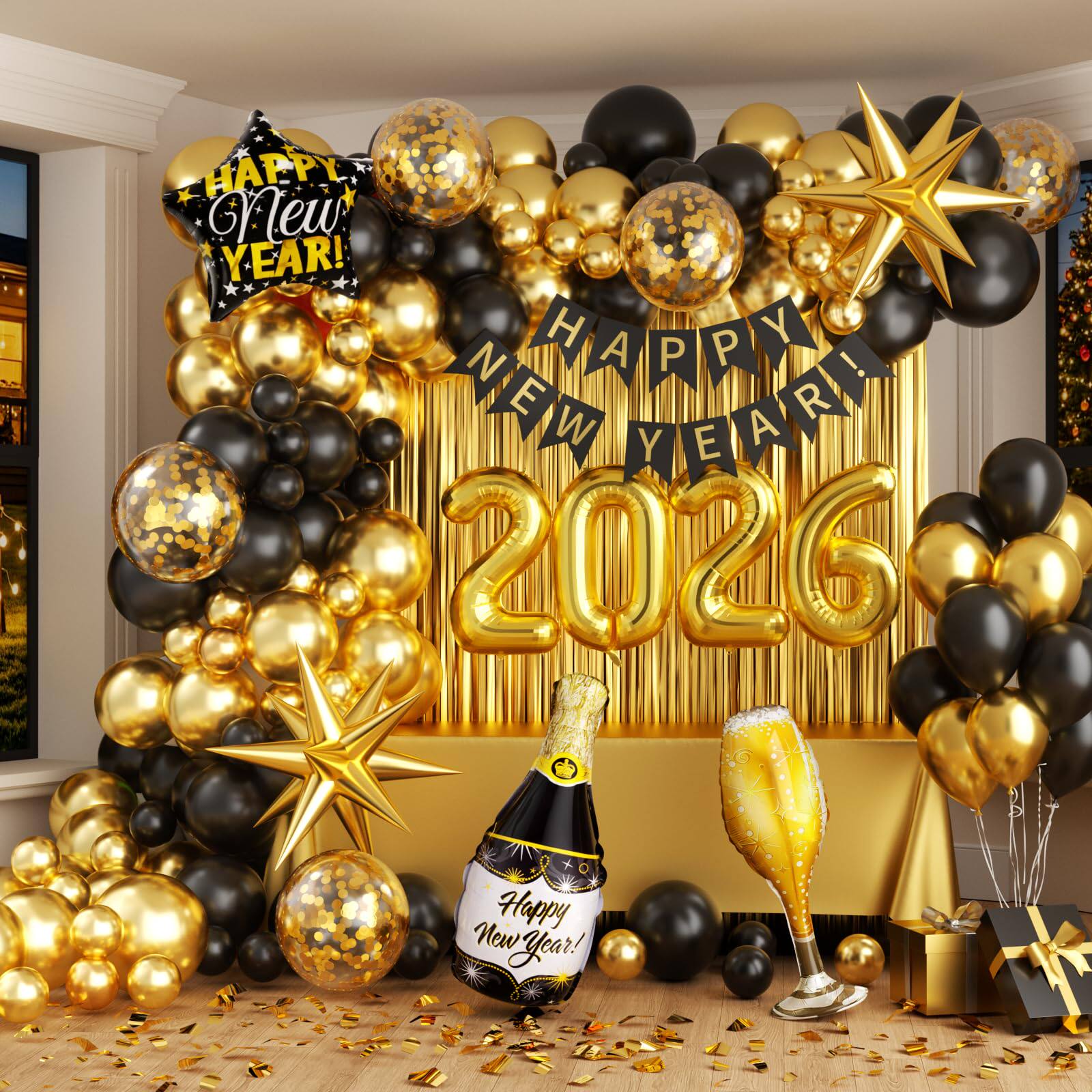2026新年派对场景布置雨丝气球