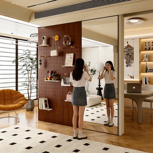 定制入户玄关洞洞板置物架穿衣镜全身镜衣架一体组合整面墙中古风