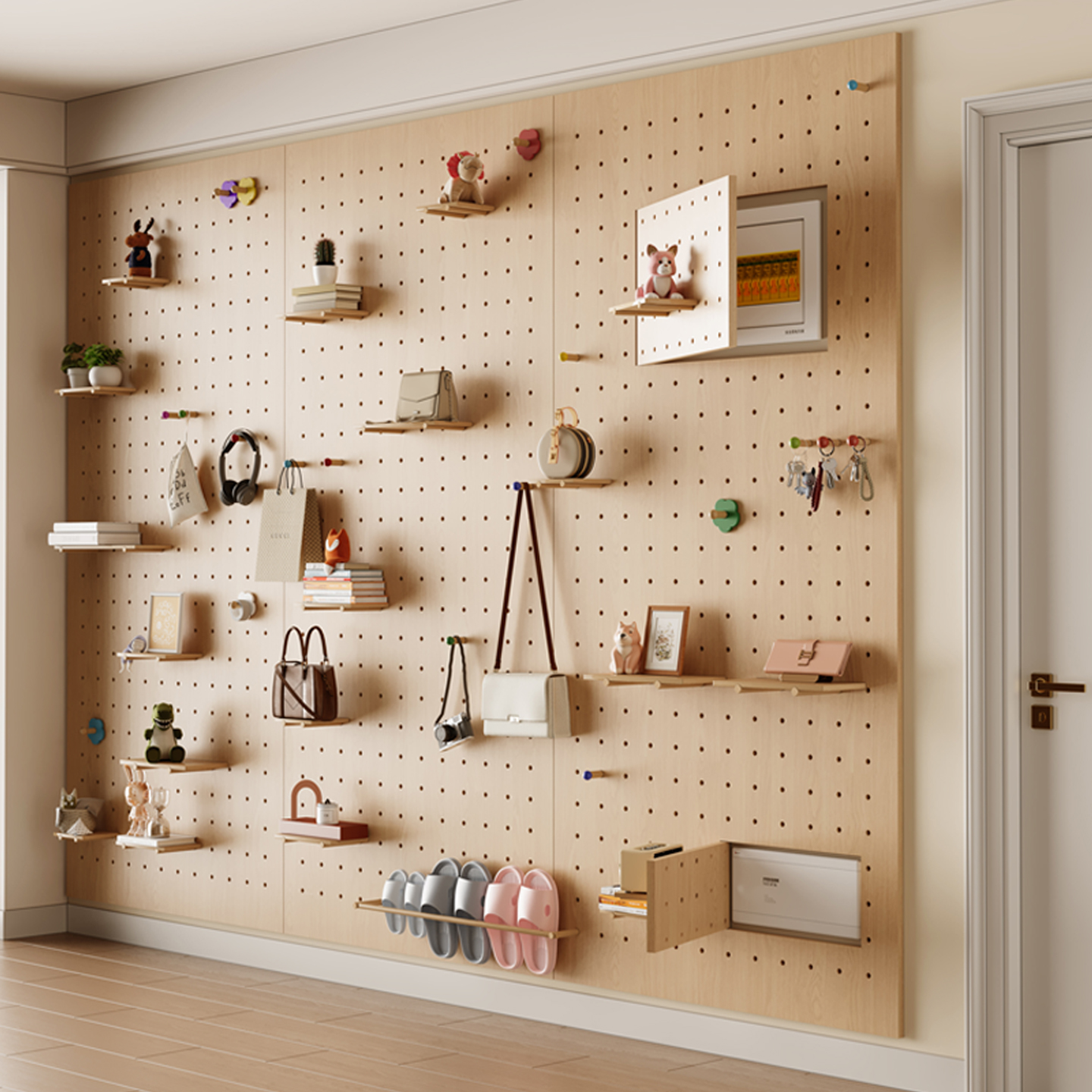 实木洞洞板定制墙上置物架入户玄关隔板挂板收纳架墙面墙壁展示架