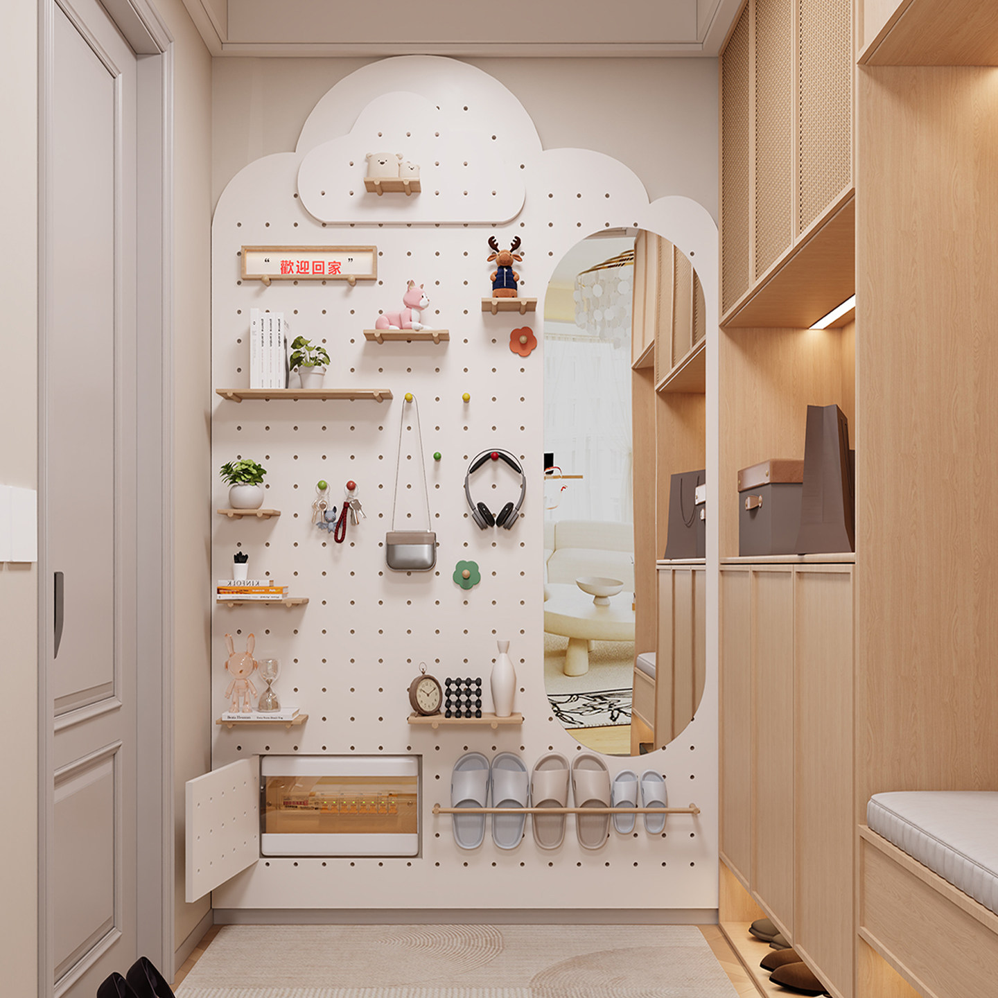 听月阁 洞洞板穿衣镜一体实木入户玄关置物架云朵带镜子收纳架