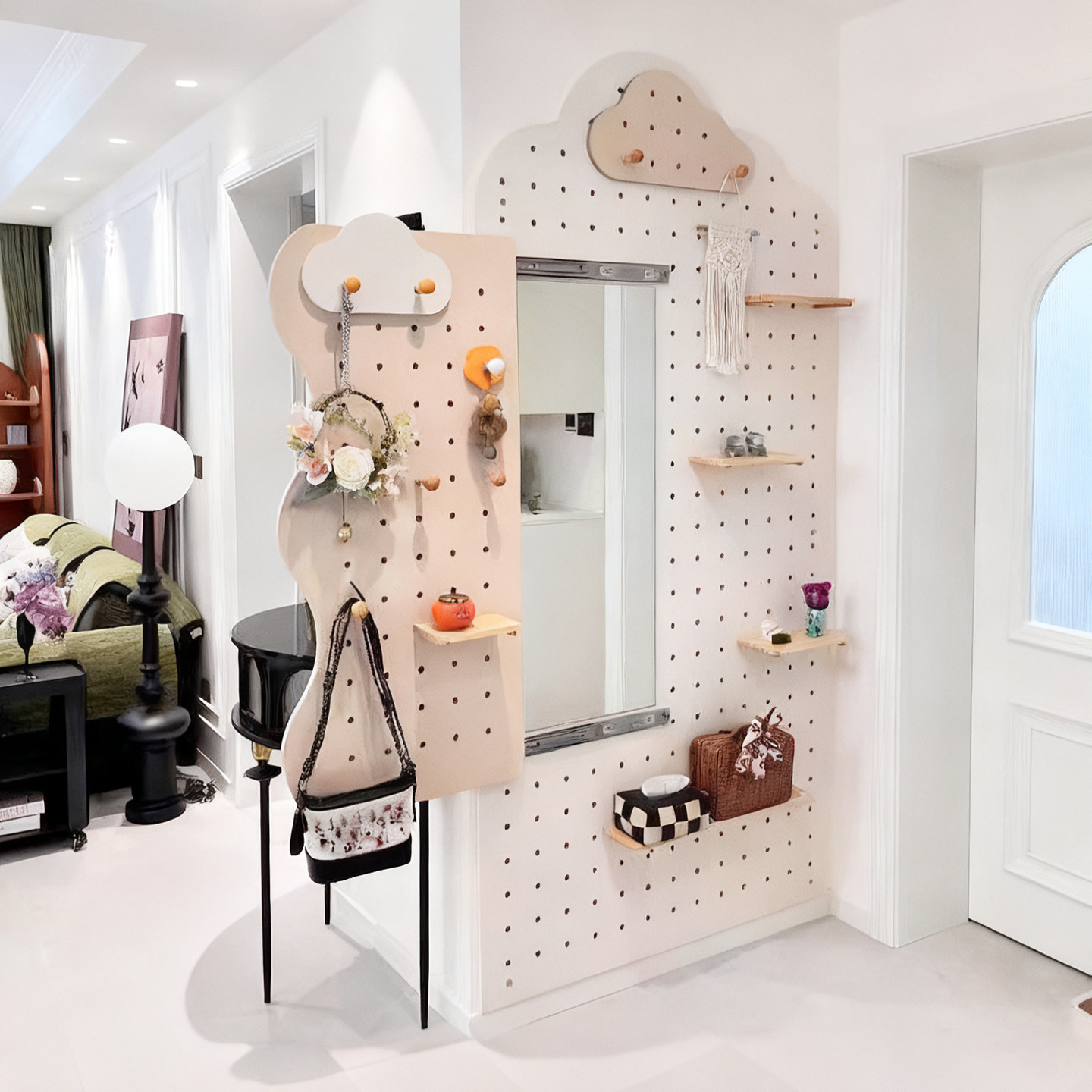 入户玄关洞洞板置物架定制穿衣镜一体电表箱遮丑带推拉镜墙上收纳