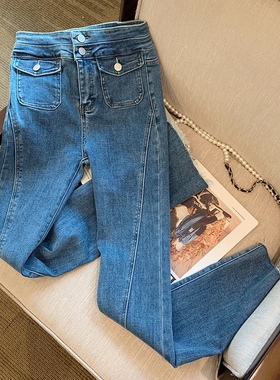 蓝色高腰牛仔裤女2022春季新款修身直筒显瘦百搭复古微喇裤小个子