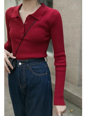 复古红色毛衣女早春修身内搭polo领打底衫针织衫上衣短设计感小众