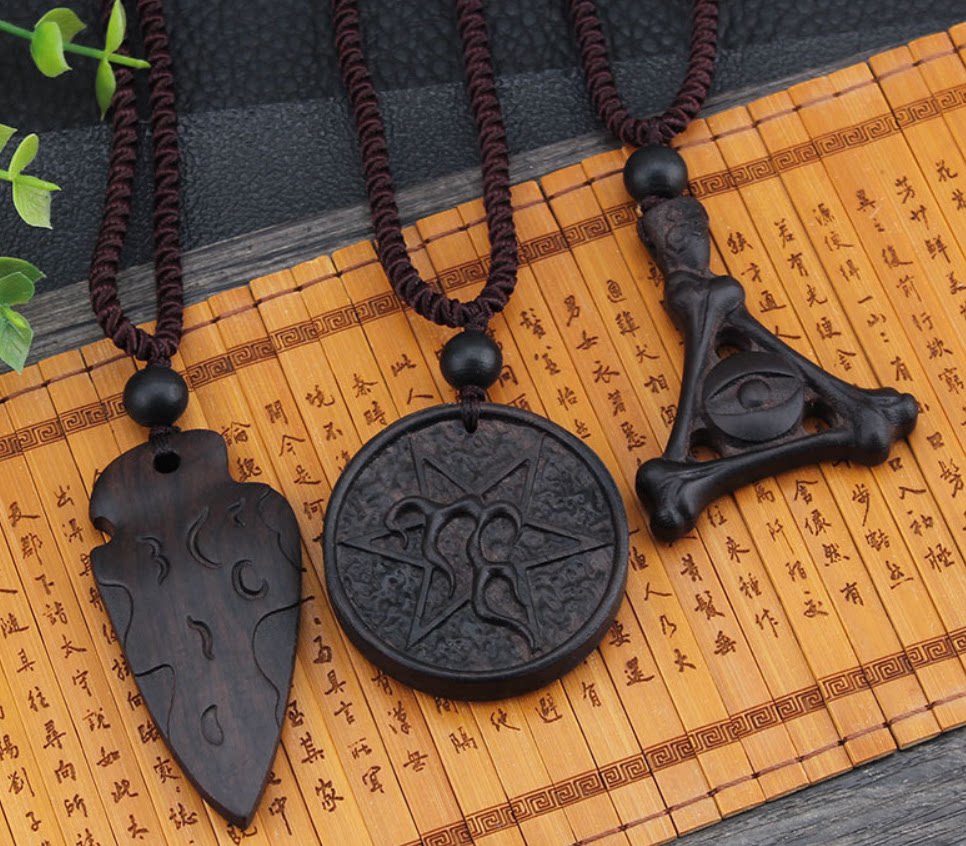 原创复古黑檀木吊坠长款编织绳项链男女搭配衣服饰品毛衣链挂件夏