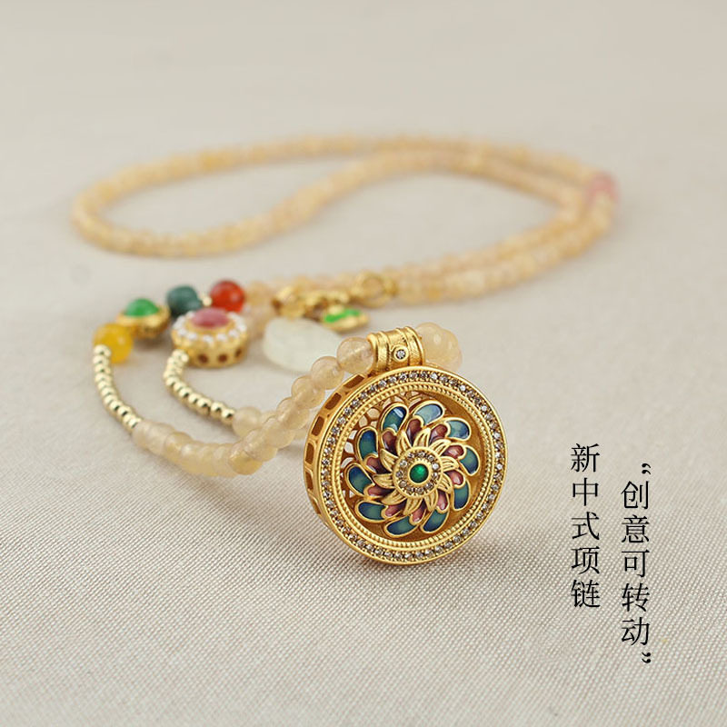 珐琅彩可转动项链古法金罗盘吊坠