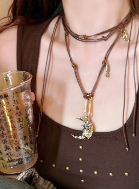 日月同辉做旧复古长款蜡绳项链女
