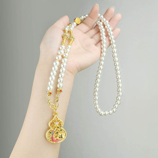复古五福圆满金色仿珍珠项链景泰蓝吊坠国风长款毛衣链女配饰挂件