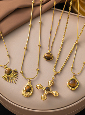 美拉德虎眼石钛钢毛衣链女式项链