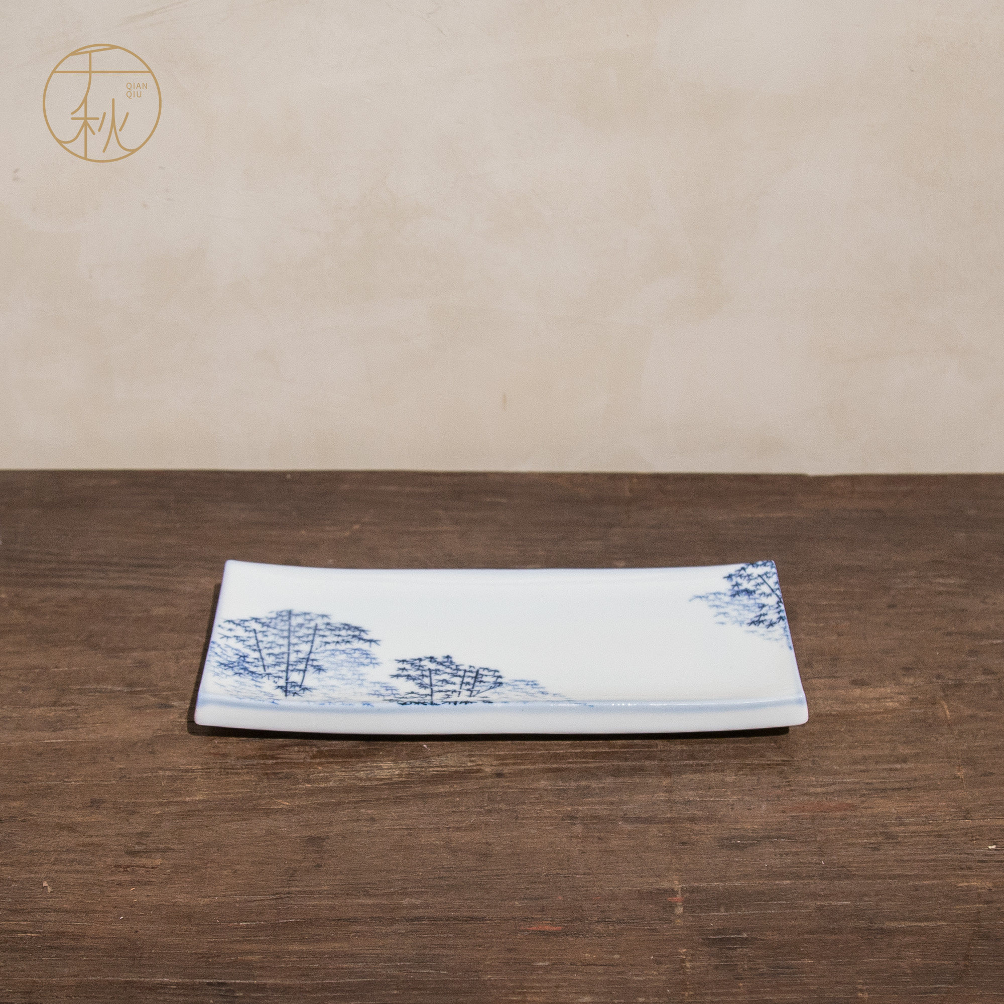 日本进口瓷器田烧格子盘青花水墨碗手绘圆盘日式复古风小钵小吃器