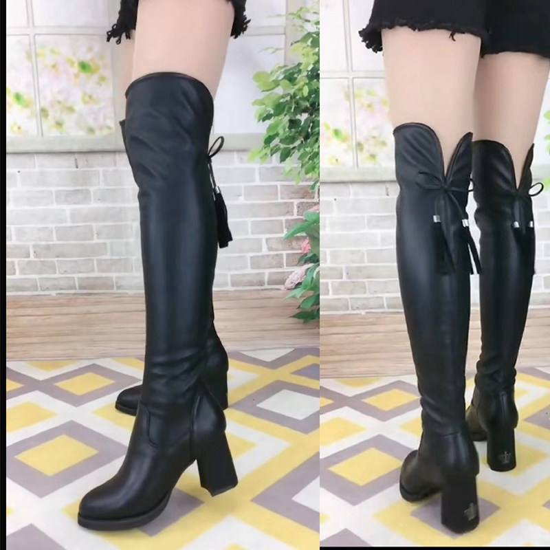 高跟皮靴女长靴高筒蝴蝶结过膝粗跟马靴女新款流苏皮面加绒弹力靴,女鞋,时装靴,淘宝优惠券,粉丝福利购,淘宝优惠卷