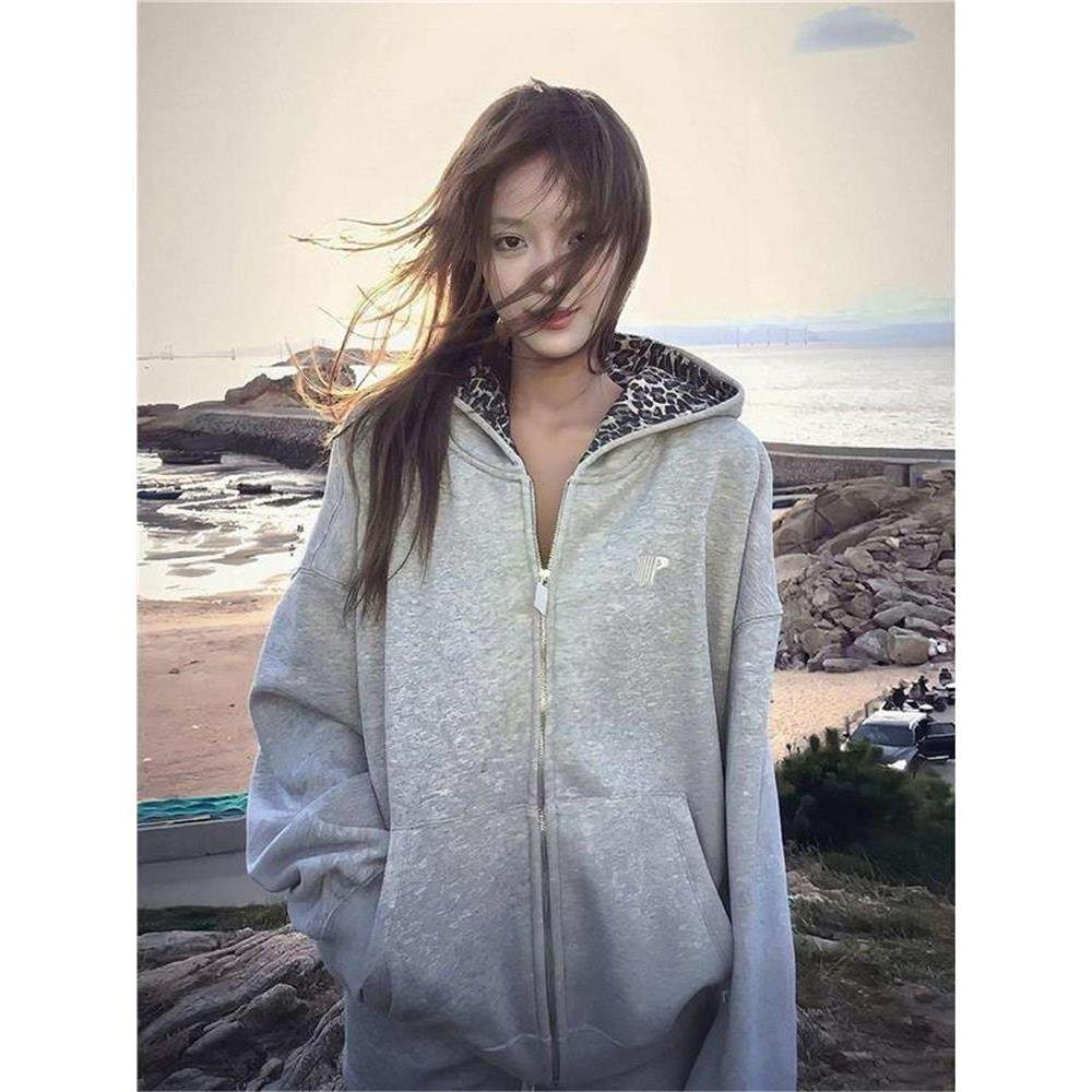 美式豹纹刺绣开衫连帽卫衣女20卫衣/绒衫