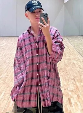 Muse Vibe*26SShoshi权顺荣同款粉色格子衬衫女春秋韩版衬衣外套