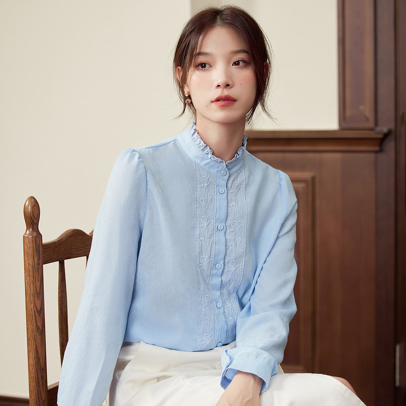 茵曼木耳边立领长袖衬衫女士2023年秋季新款通勤简约衬衣法式上衣