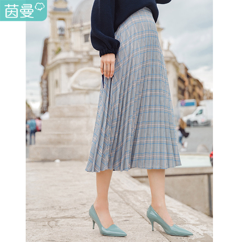 茵曼旗舰店特价清仓秋装新款经典复古文艺范格纹百褶A字半身裙女|ruв категории Женская одежда, юбка - от Buy2taobao.com для оказания профессиональной услуги покупки агента Taobao