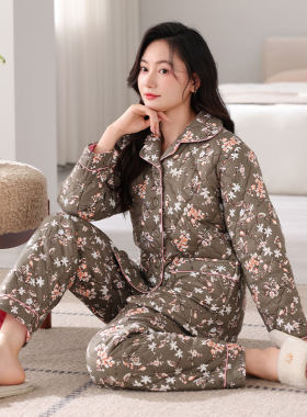 睡衣女纯棉夹棉家居服套装加厚