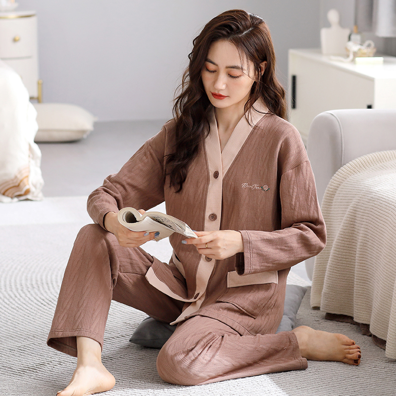 空气棉睡衣女新款秋冬季冬天加厚纯棉夹层v领薄款夹棉家居服套装