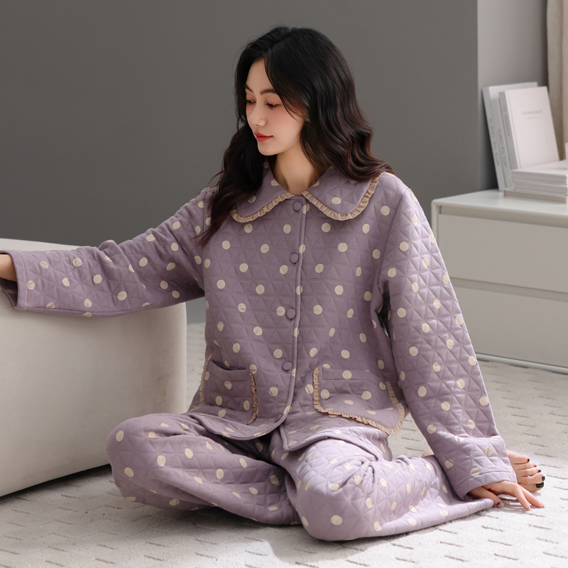 睡衣女秋冬加厚长袖空气夹层纯棉