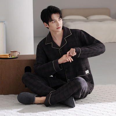 夹棉睡衣男空气棉夹层秋冬纯棉