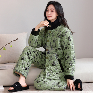 珊瑚绒夹棉睡衣女款冬中年妈妈三层加厚保暖立领家居服可外穿套装
