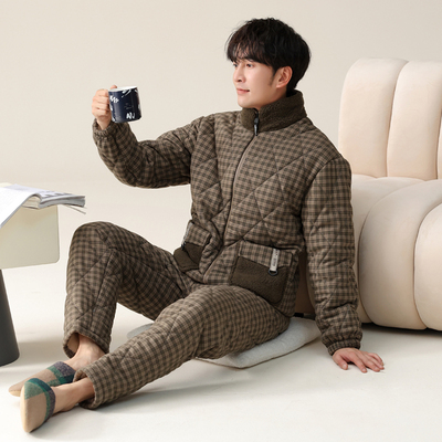 睡衣男纯棉夹棉家居服套装加厚
