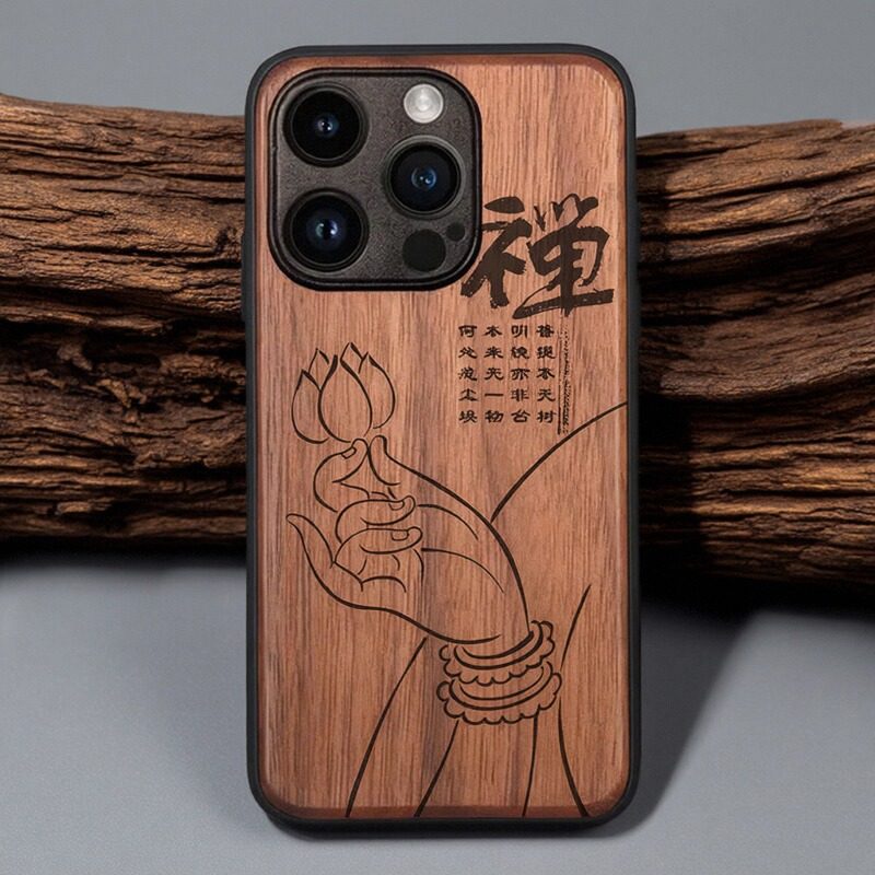 佛手莲花苹果16pro max木质手机壳iphone15 plus全包防摔12 pro保护套14中国风13mini复古花梨雕刻11男女新款