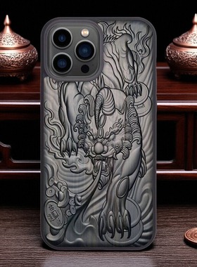 貔貅iphone16pro max木质手机壳苹果16plusi防摔保护套16e大展宏图黑檀浮雕龙腾四海复古中国风男女新款适用