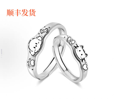 999纯银VEZA可爱猫咪小狗情侣一对戒指女开口可调节闺蜜款不掉色
