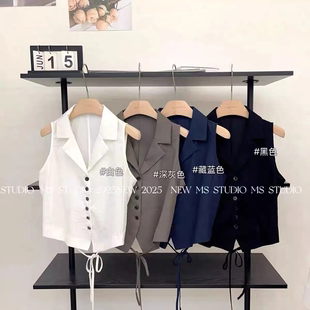 藏青色雪纺Polo领短款 马甲背心别致上衣服 衬衫 女夏老钱风宽松无袖
