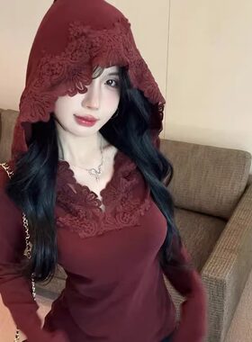 安可拉红连帽长袖t恤女秋冬御姐辣妹性感上衣蕾丝花边打底衫内搭