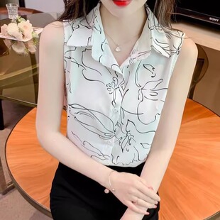 印花衬衫女2025年新款夏季设计感小众遮肚子显瘦气质雪纺无袖上衣