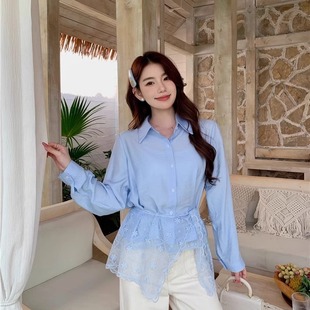 浅蓝色蕾丝花边下摆衬衫 胖mm超好看带披肩上衣 女2025早春新款 大码