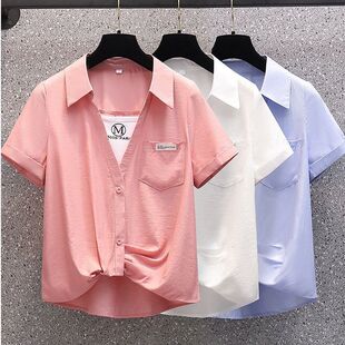 大码假两件衬衫女设计感2025今年流行新款别致漂亮洋气小衫上衣夏