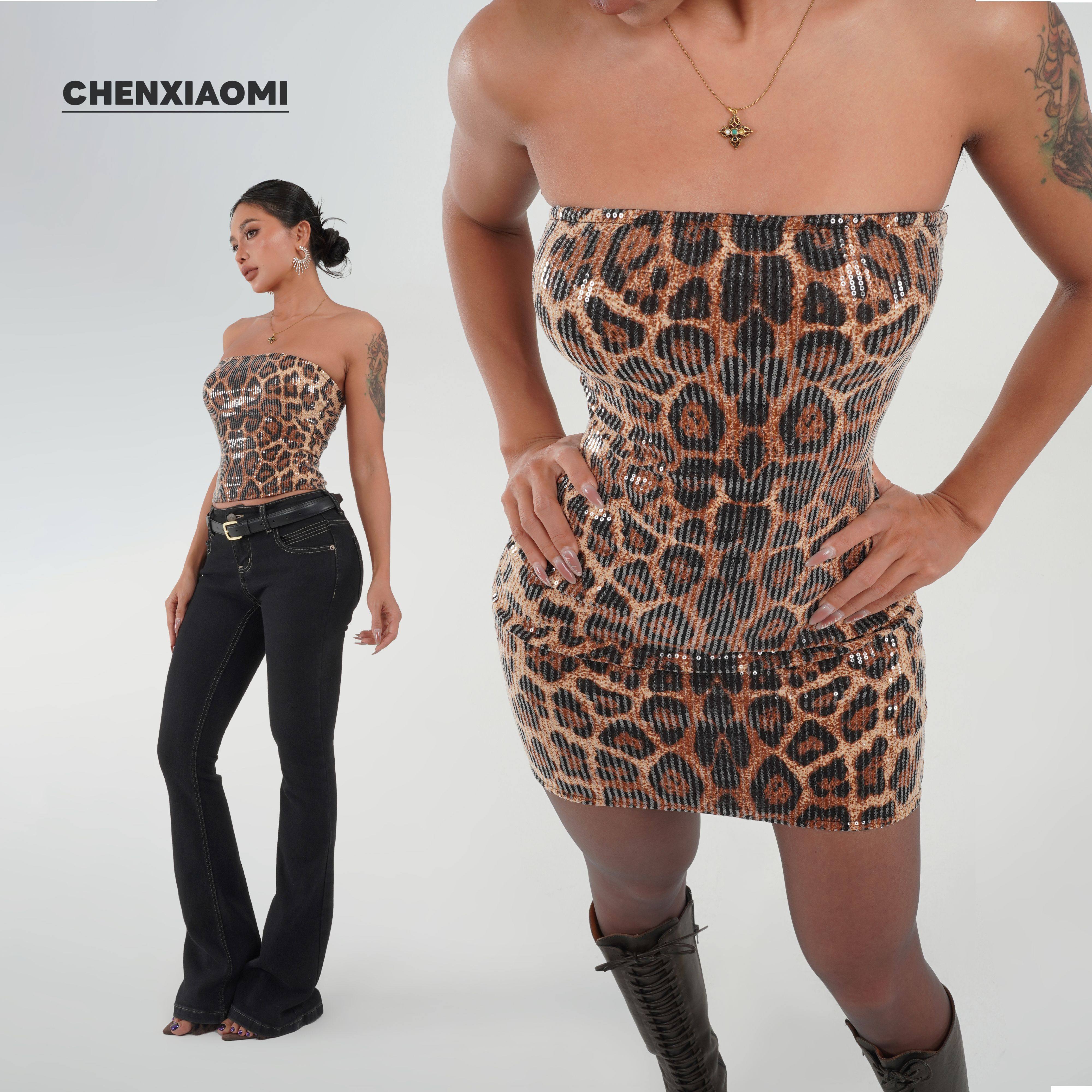 【蜜蜜家】豹纹抹胸上衣/抹胸短裙包臀裙带胸垫 25/Z678/Y811