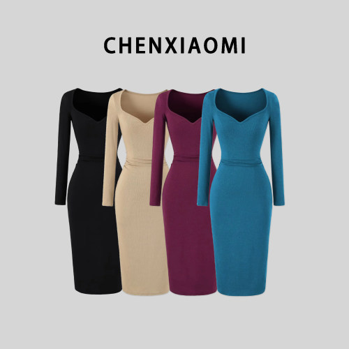 【蜜蜜家】法式罗纹海鸥领欧美辣妹秋冬长袖中长裙 WD/AP26283