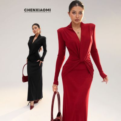 【蜜蜜家】装睡情人 欧美辣妹收腰修身带垫肩连衣裙长裙 25/Y778