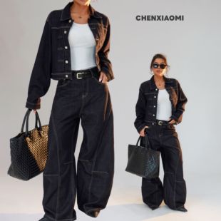 翻领牛仔衣WD 休闲单排扣时尚 深蓝牛仔外套秋装 TY602 蜜蜜家