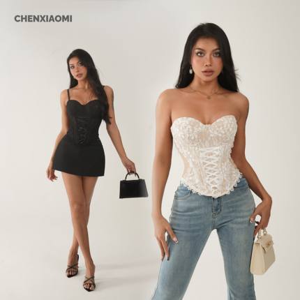 【蜜蜜家】美式纯欲辣妹蕾丝抹酷飒修身鱼骨吊带 WD/2233