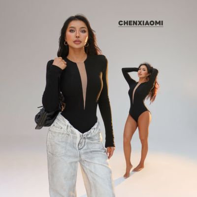 【蜜蜜家】陨石冰川 欧美辣妹性感修身设计感长袖连体衣 25/Z672