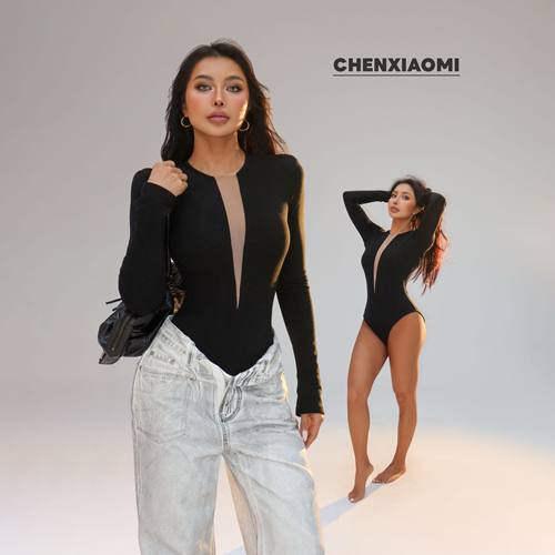 【蜜蜜家】陨石冰川 欧美辣妹性感修身设计感长袖连体衣 25/Z672