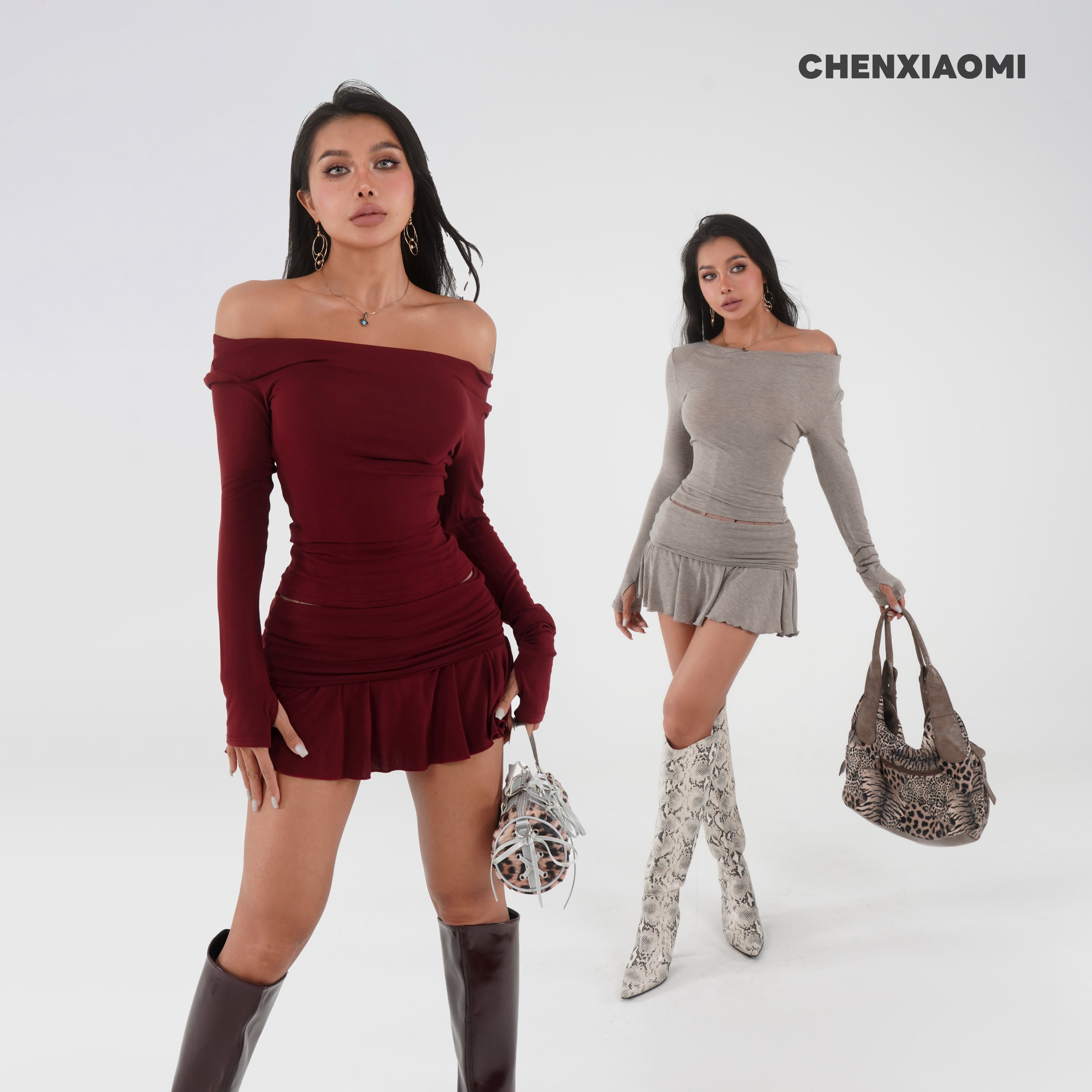 【蜜蜜家】芝士樱桃卷 欧美辣妹露肩长袖上衣+裙裤 25/Z611+Q137