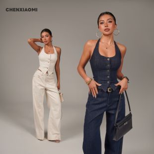 欧美辣妹复古修身 马甲 牛仔裤 Z660 时光画布 K143 蜜蜜家