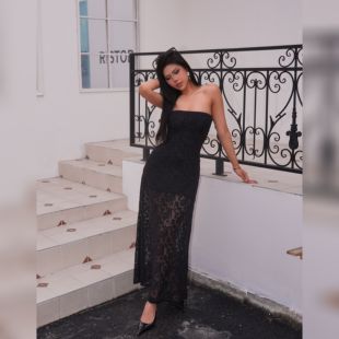 【蜜蜜家】曲线主义 欧美辣妹带固定胸垫海藻绣花长裙 26/Y739