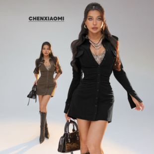 欧美辣妹收腰褶皱带磨毛连衣裙短裙 聆听风声 Y771 蜜蜜家