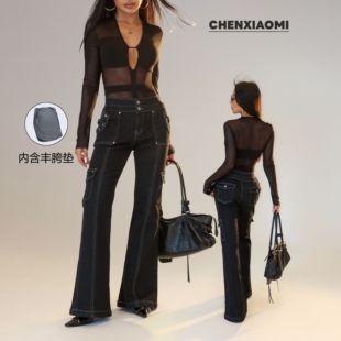 【蜜蜜家】午茶小调 欧美辣妹修身休闲百搭带丰胯垫牛仔裤25/K127