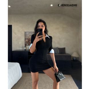 【蜜蜜家】欧美辣妹衬衫领中长袖修身包臀连衣裙短裙 26/Y838